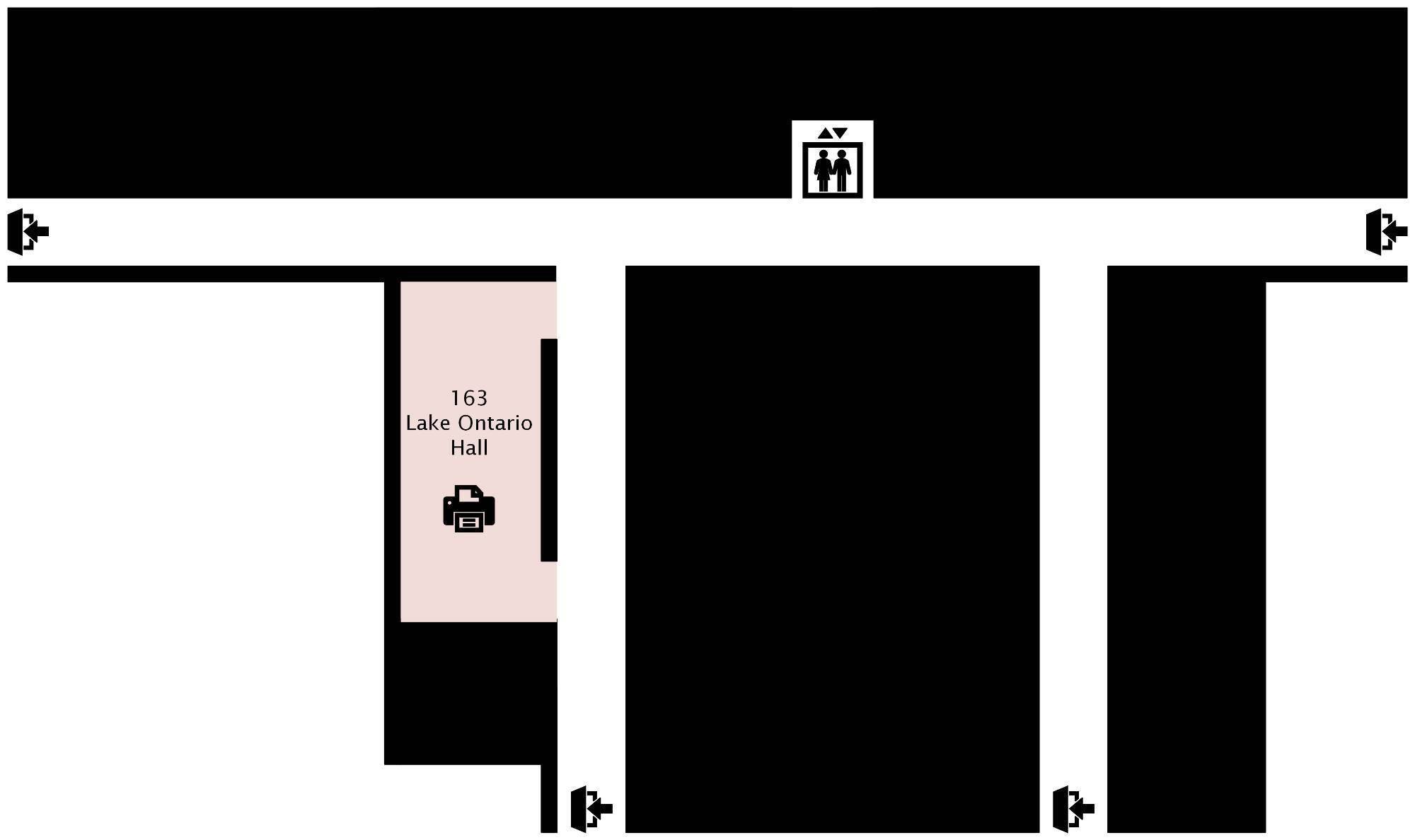 A map of the first floor of Lake Ontario Hall, indicating a printer with printing capabilities only is available in LOH163